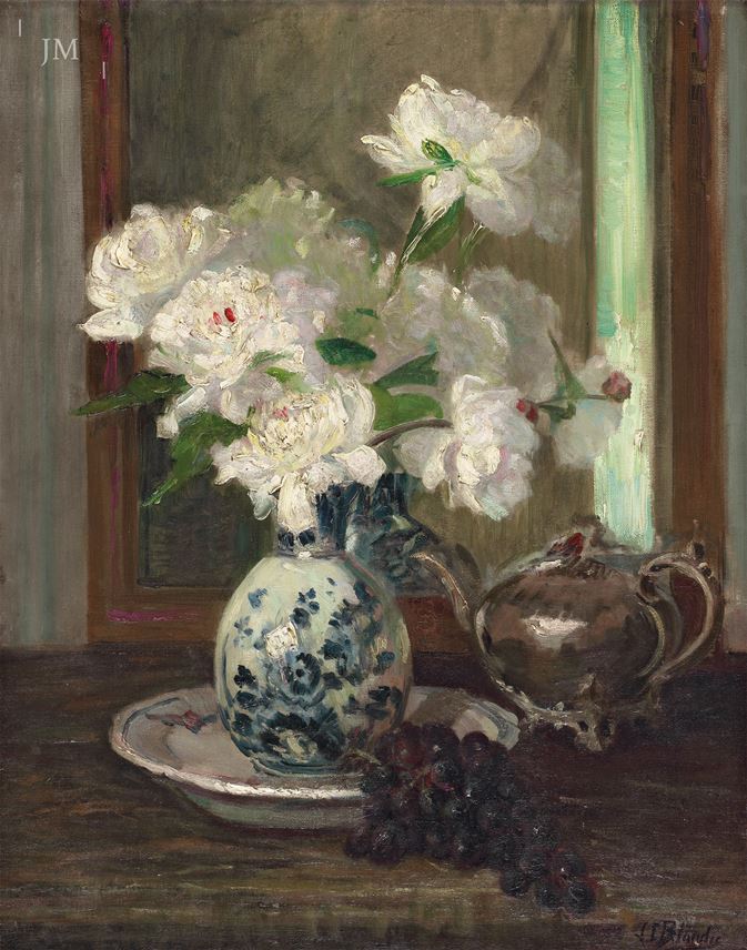Jacques-Émile Blanche - Peonies in a blue and white porcelain vase  | MasterArt